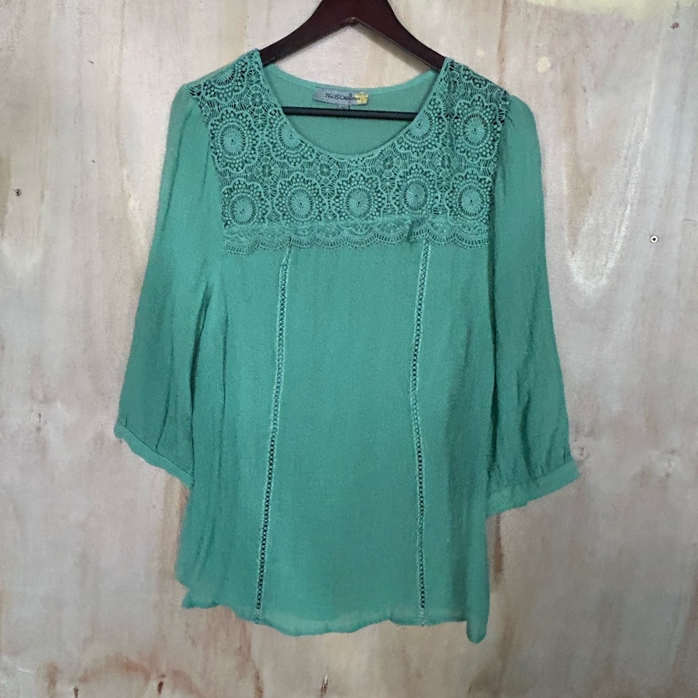 Women's Crochet Yoke Tunic Top in Teal Green